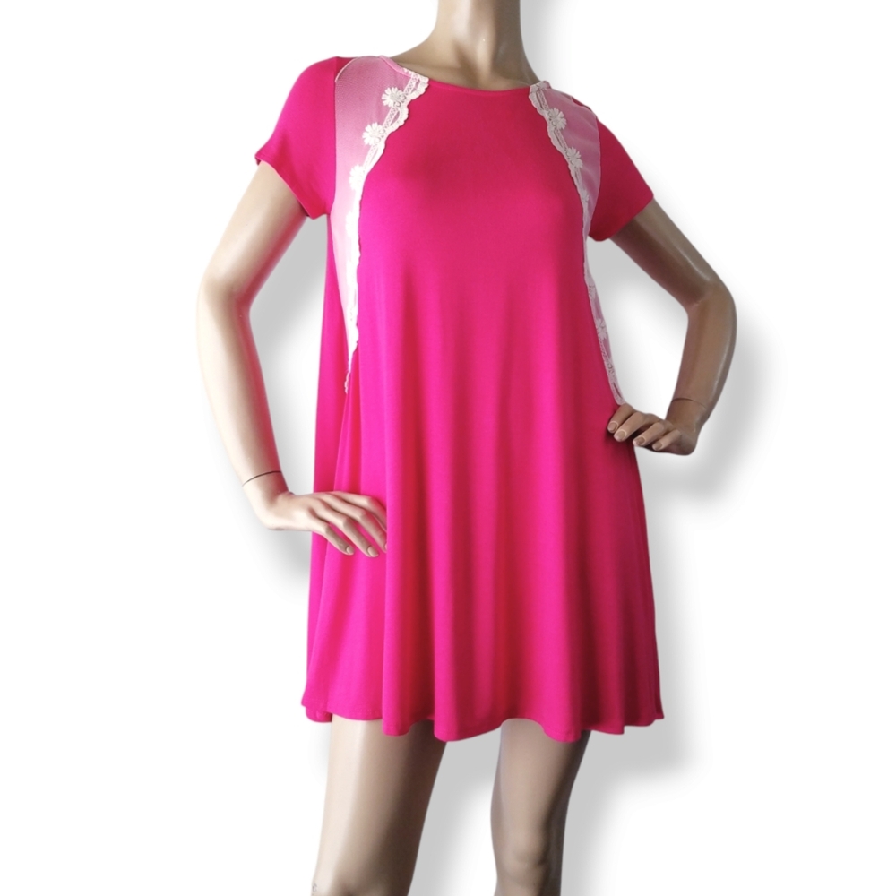 Hot Pink & Off White Lace Trim Shift Dress With Side Pockets Size Small